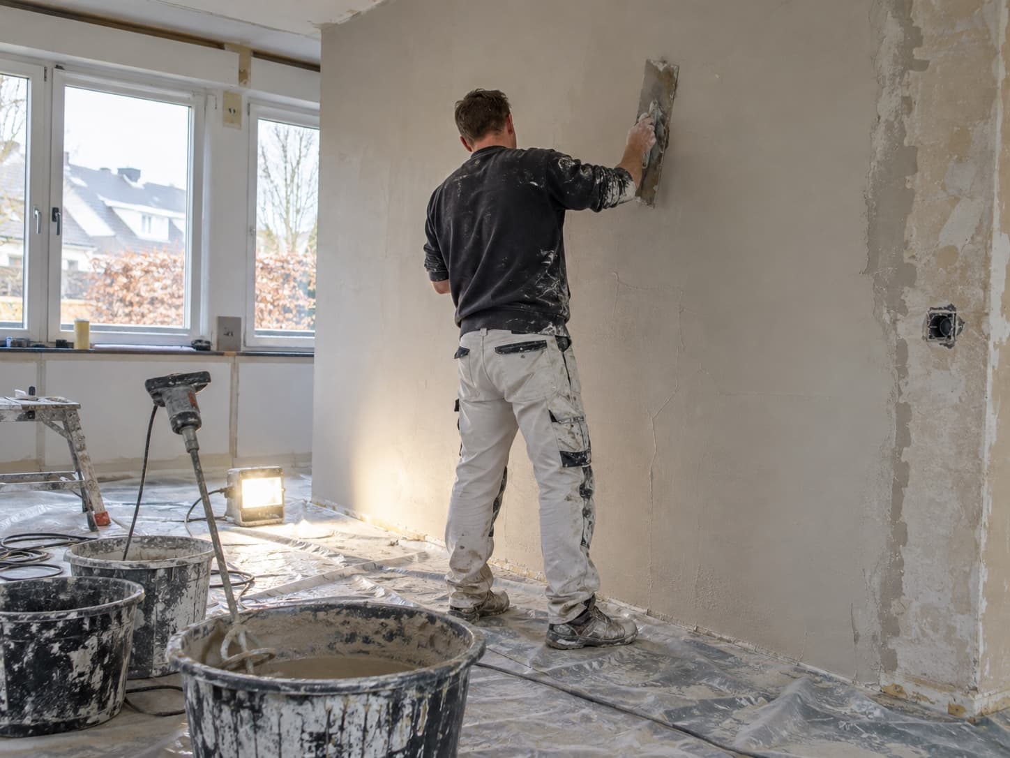 Stukadoor werkt een wand glad tijdens een renovatie