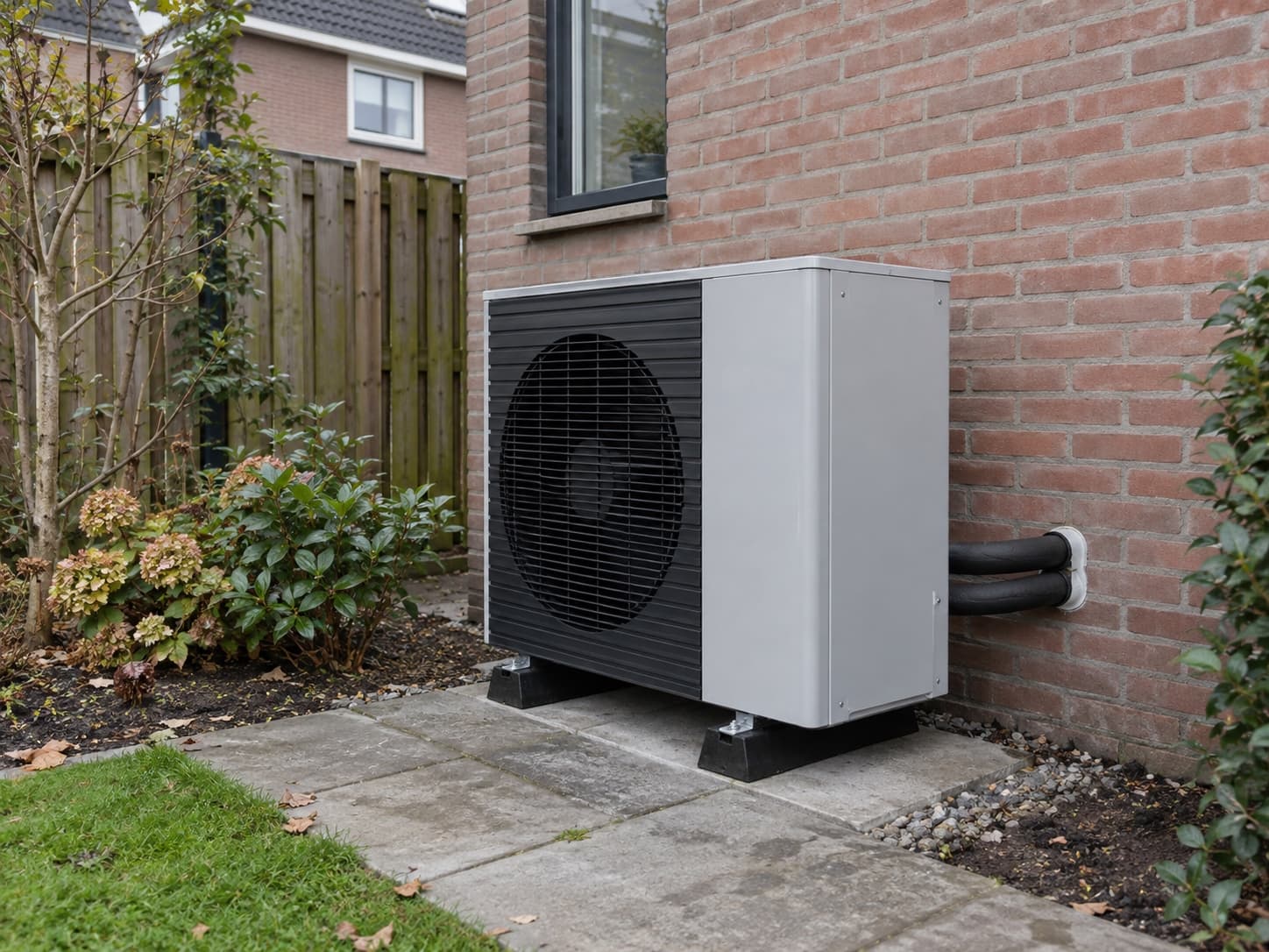 Nieuw geplaatste warmtepomp naast een woning