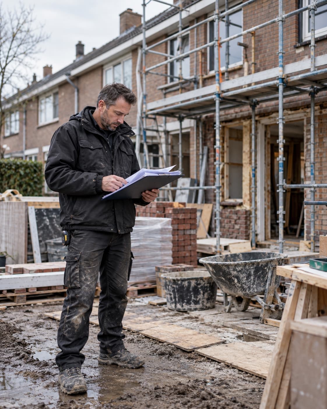 Projectleider bekijkt de bouwtekeningen bij een renovatieproject