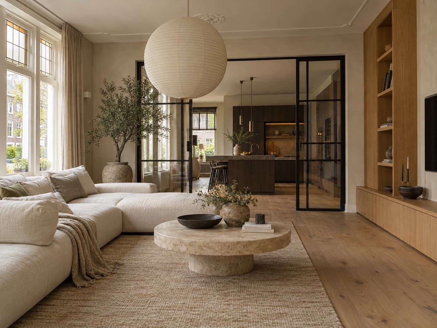 Gerenoveerde woonkamer met open keuken in japandi-stijl